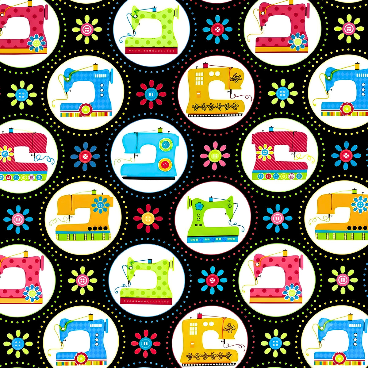 Retro sewing machines bright colours dotted circles black novelty quilting cotton daisy button flowers sewist gifts quilt blocks tote bags