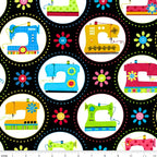 Retro sewing machines bright colours dotted circles black novelty quilting cotton daisy button flowers sewist gifts quilt blocks tote bags