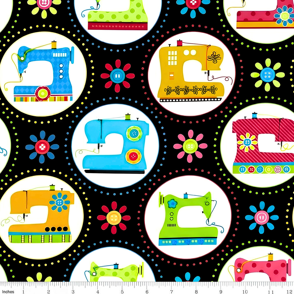 Retro sewing machines bright colours dotted circles black novelty quilting cotton daisy button flowers sewist gifts quilt blocks tote bags