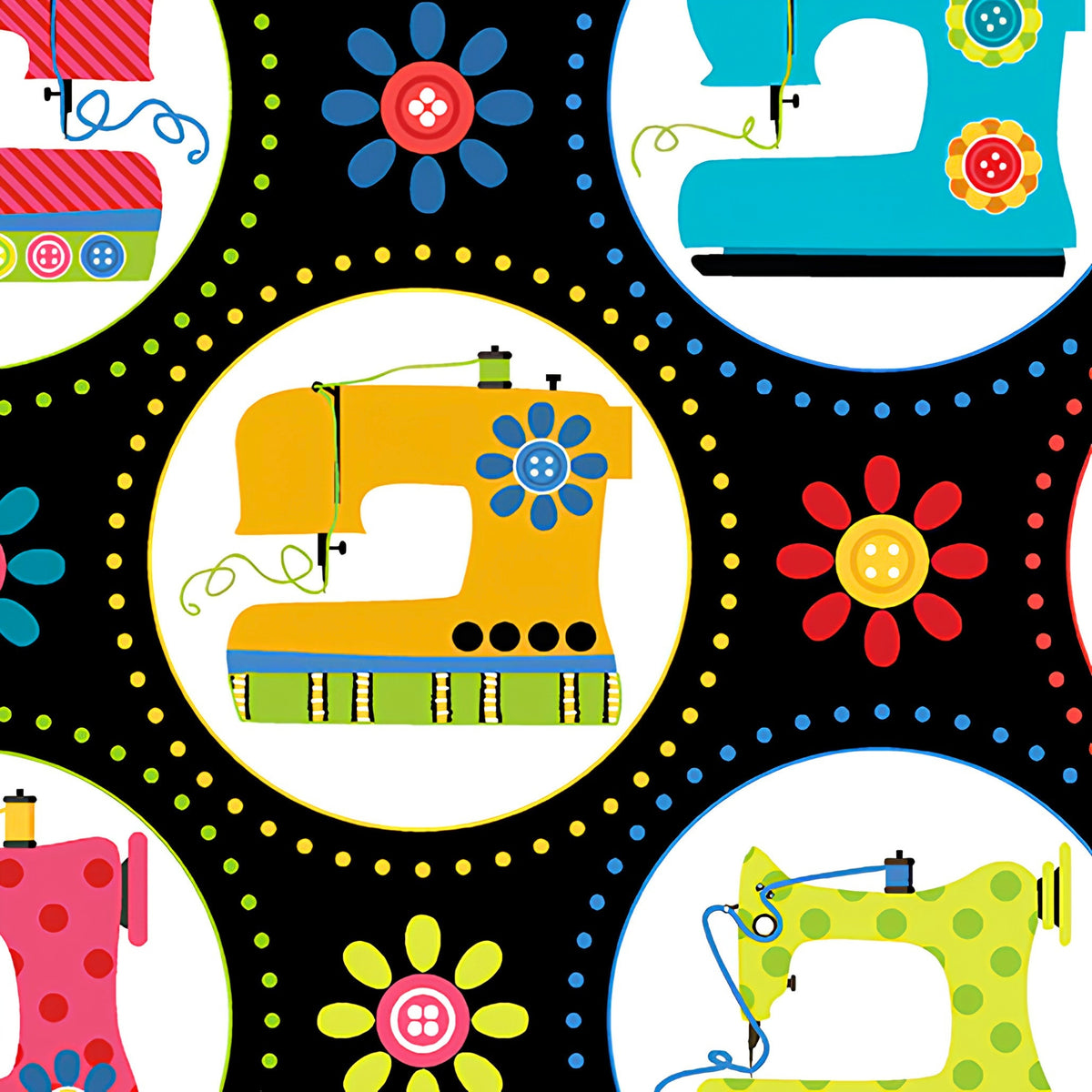 Retro sewing machines bright colours dotted circles black novelty quilting cotton daisy button flowers sewist gifts quilt blocks tote bags