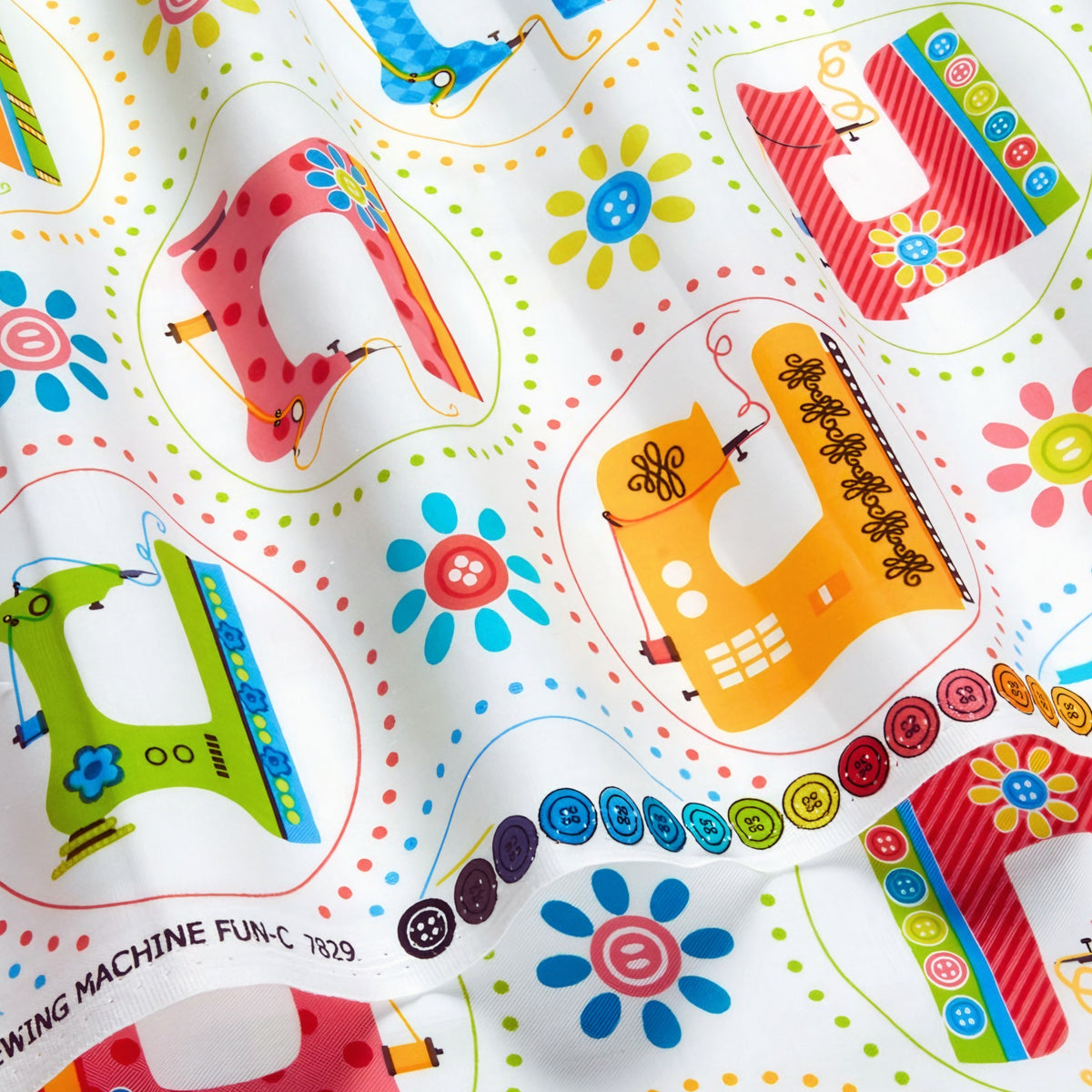 Retro sewing machines bright colours dotted circles white novelty quilting cotton daisy button flowers sewist gifts quilt blocks tote bags
