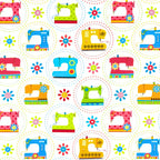 Retro sewing machines bright colours dotted circles white novelty quilting cotton daisy button flowers sewist gifts quilt blocks tote bags