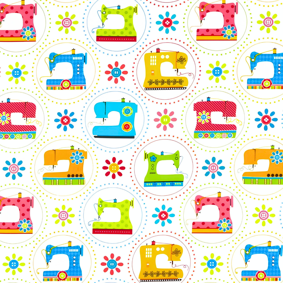 Retro sewing machines bright colours dotted circles white novelty quilting cotton daisy button flowers sewist gifts quilt blocks tote bags