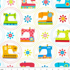 Retro sewing machines bright colours dotted circles white novelty quilting cotton daisy button flowers sewist gifts quilt blocks tote bags