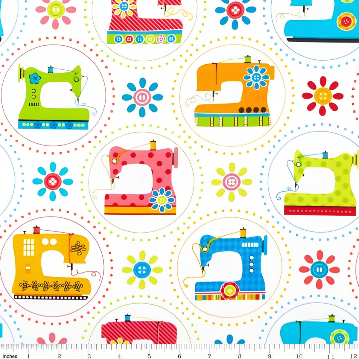 Retro sewing machines bright colours dotted circles white novelty quilting cotton daisy button flowers sewist gifts quilt blocks tote bags