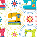 Retro sewing machines bright colours dotted circles white novelty quilting cotton daisy button flowers sewist gifts quilt blocks tote bags