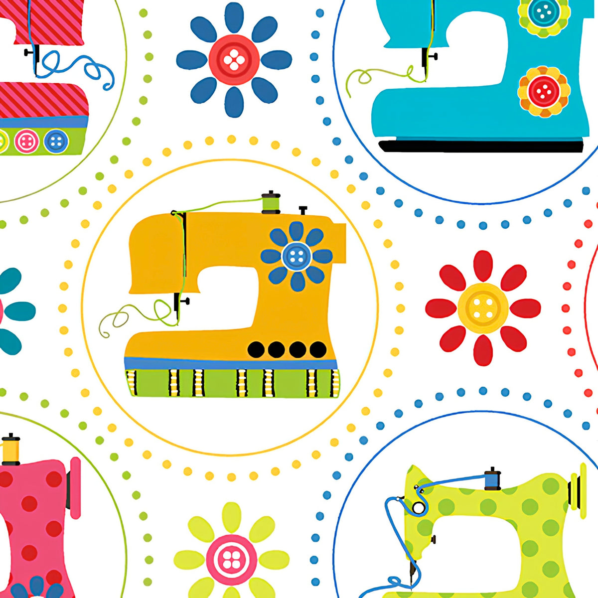 Retro sewing machines bright colours dotted circles white novelty quilting cotton daisy button flowers sewist gifts quilt blocks tote bags