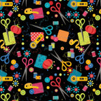 Scissors thread spools pincushions tape measures rotary cutters needles buttons black novelty sewing notions quilting cotton sewist gifts tote bags pouches