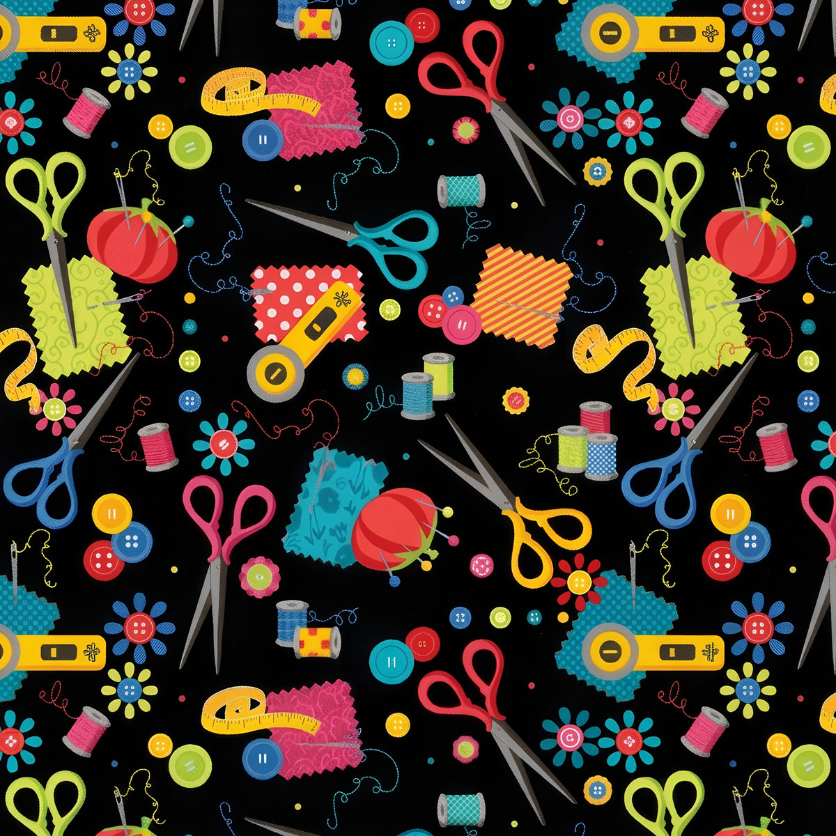 Scissors thread spools pincushions tape measures rotary cutters needles buttons black novelty sewing notions quilting cotton sewist gifts tote bags pouches