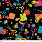 Scissors thread spools pincushions tape measures rotary cutters needles buttons black novelty sewing notions quilting cotton sewist gifts tote bags pouches