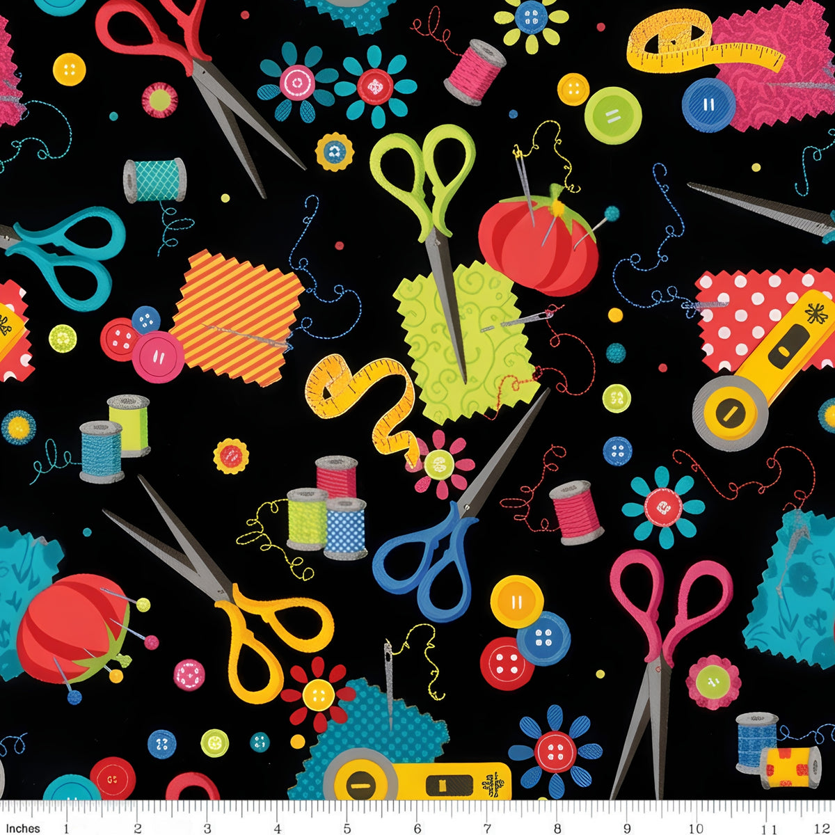 Scissors thread spools pincushions tape measures rotary cutters needles buttons black novelty sewing notions quilting cotton sewist gifts tote bags pouches