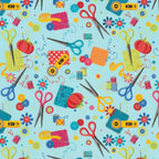 Scissors thread spools pincushions tape measures rotary cutters needles buttons turquoise novelty sewing notions quilting cotton sewist gifts tote bags pouches