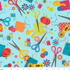 Scissors thread spools pincushions tape measures rotary cutters needles buttons turquoise novelty sewing notions quilting cotton sewist gifts tote bags pouches