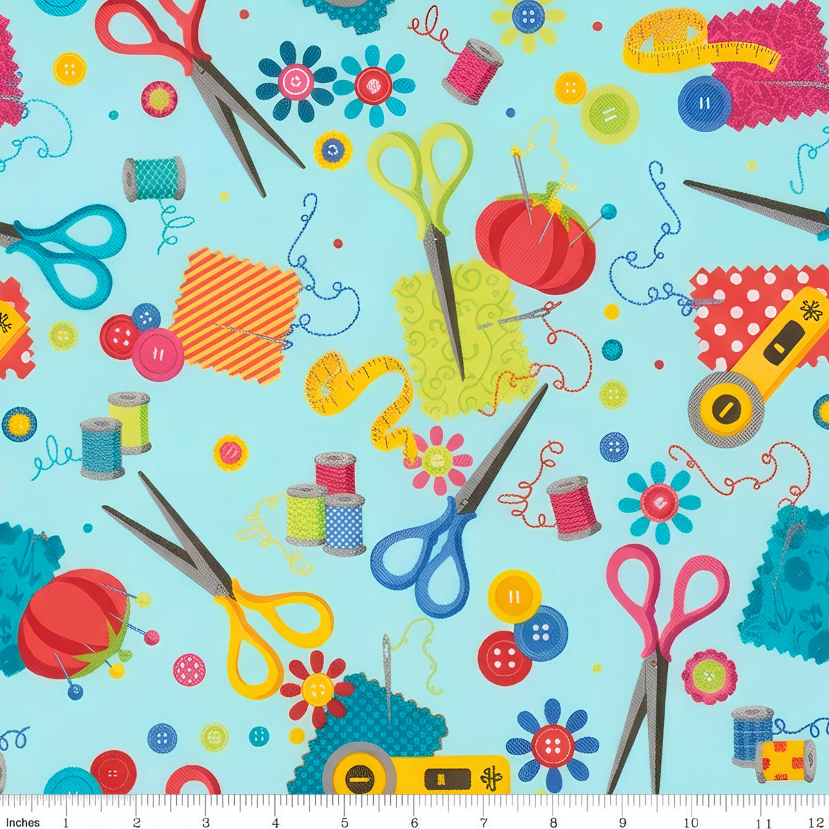 Scissors thread spools pincushions tape measures rotary cutters needles buttons turquoise novelty sewing notions quilting cotton sewist gifts tote bags pouches