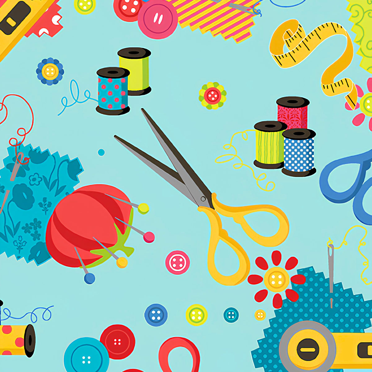 Scissors thread spools pincushions tape measures rotary cutters needles buttons turquoise novelty sewing notions quilting cotton sewist gifts tote bags pouches