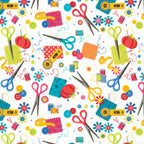 Scissors thread spools pincushions tape measures rotary cutters needles buttons white novelty sewing notions quilting cotton sewist gifts tote bags pouches
