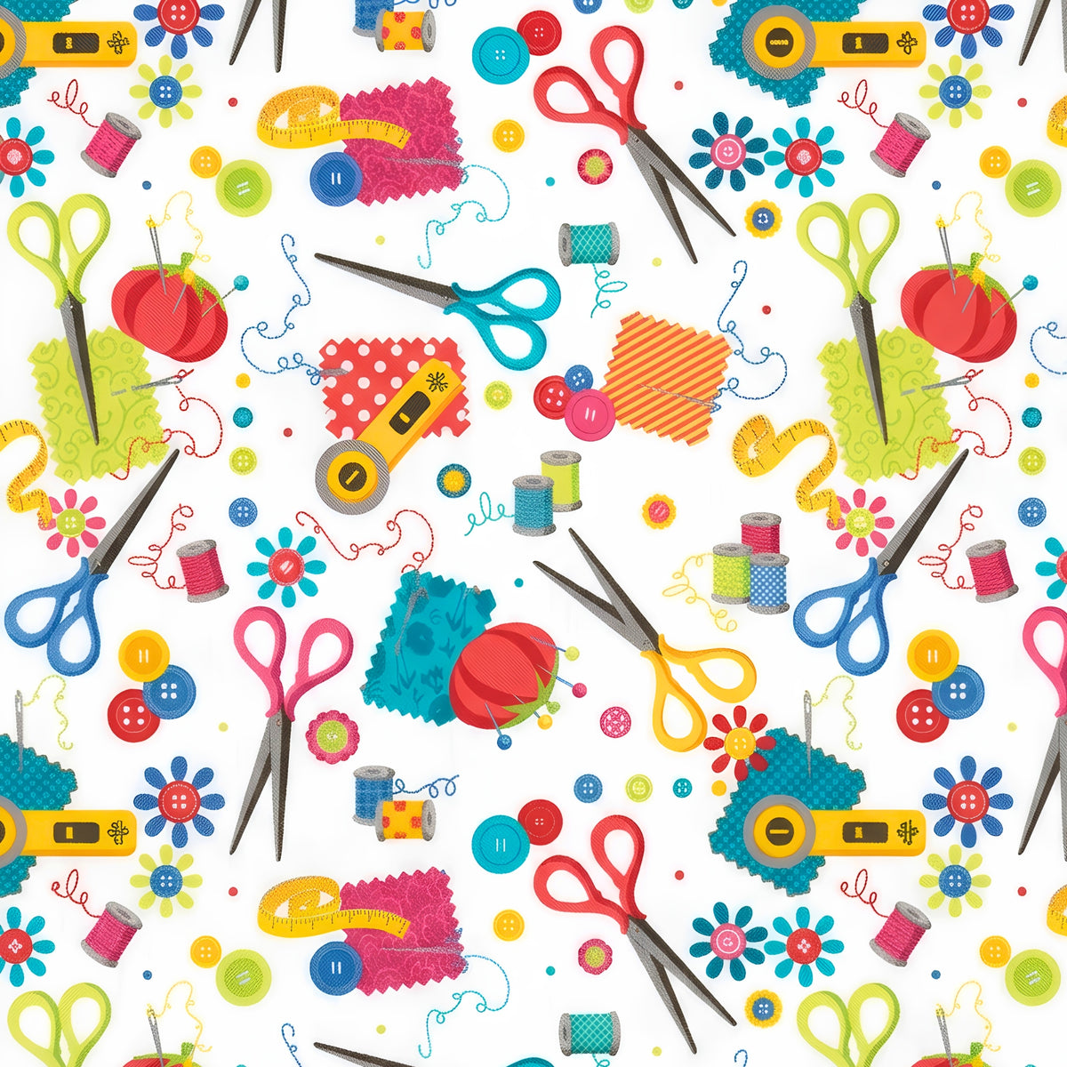 Scissors thread spools pincushions tape measures rotary cutters needles buttons white novelty sewing notions quilting cotton sewist gifts tote bags pouches