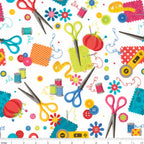 Scissors thread spools pincushions tape measures rotary cutters needles buttons white novelty sewing notions quilting cotton sewist gifts tote bags pouches