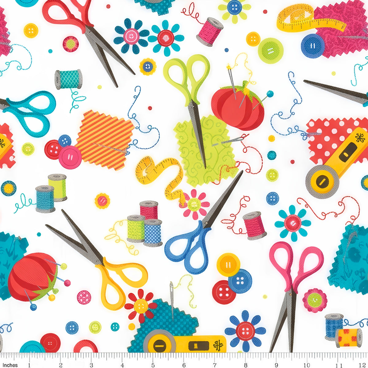 Scissors thread spools pincushions tape measures rotary cutters needles buttons white novelty sewing notions quilting cotton sewist gifts tote bags pouches