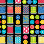 Colourful patterned thread spools bright buttons rows black novelty sewing quilting cotton sewist gifts tote bags pouches