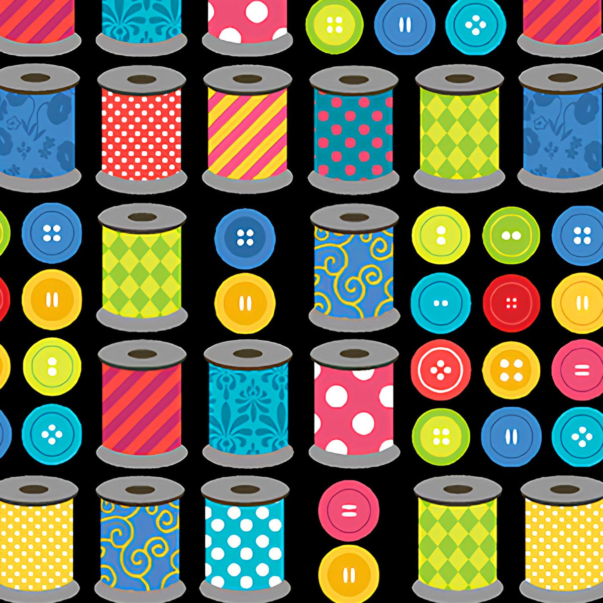 Colourful patterned thread spools bright buttons rows black novelty sewing quilting cotton sewist gifts tote bags pouches