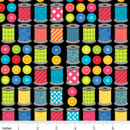 Colourful patterned thread spools bright buttons rows black novelty sewing quilting cotton sewist gifts tote bags pouches