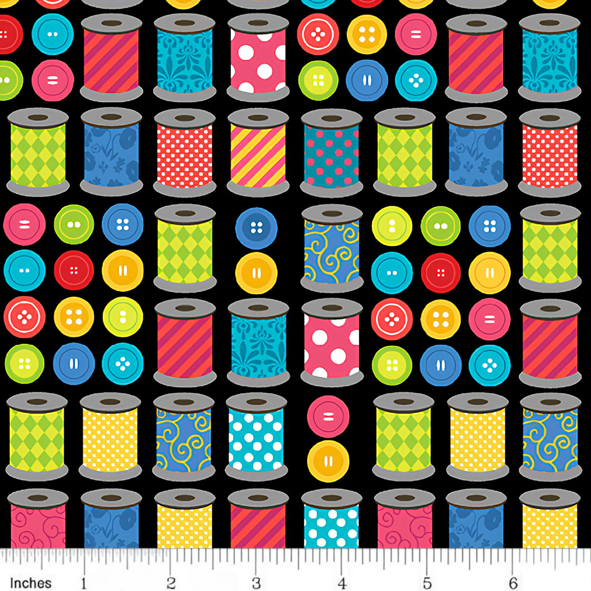 Colourful patterned thread spools bright buttons rows black novelty sewing quilting cotton sewist gifts tote bags pouches
