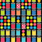 Colourful patterned thread spools bright buttons rows black novelty sewing quilting cotton sewist gifts tote bags pouches