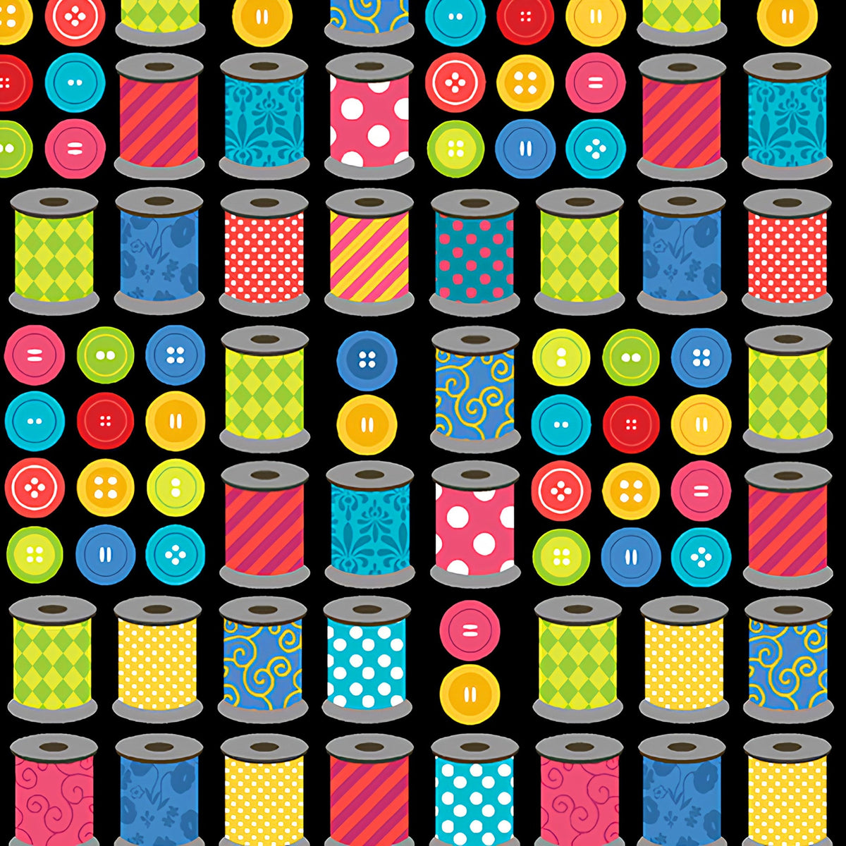 Colourful patterned thread spools bright buttons rows black novelty sewing quilting cotton sewist gifts tote bags pouches