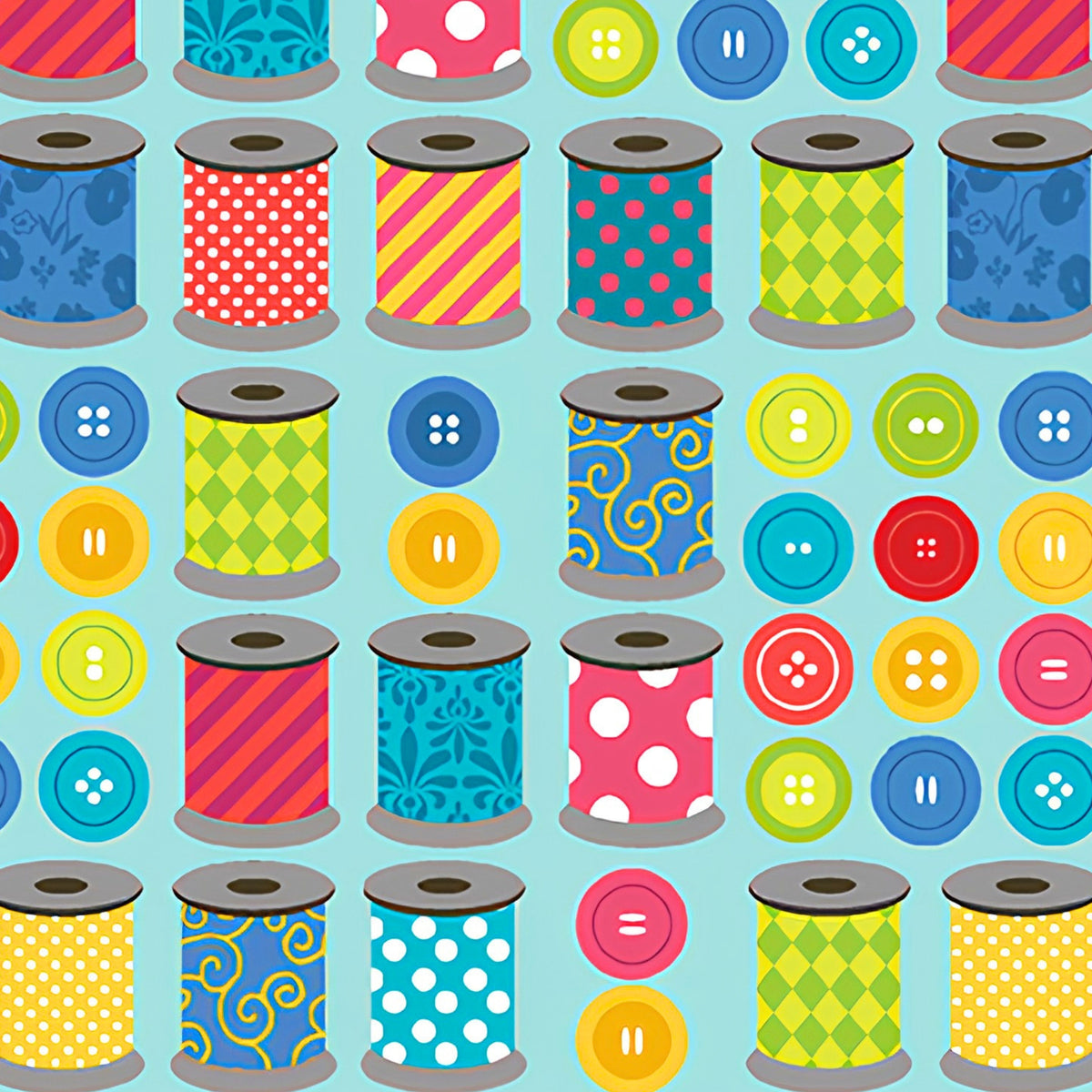 Colourful patterned thread spools bright buttons rows turquoise novelty sewing quilting cotton sewist gifts tote bags pouches