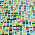 Colourful patterned thread spools bright buttons rows turquoise novelty sewing quilting cotton sewist gifts tote bags pouches