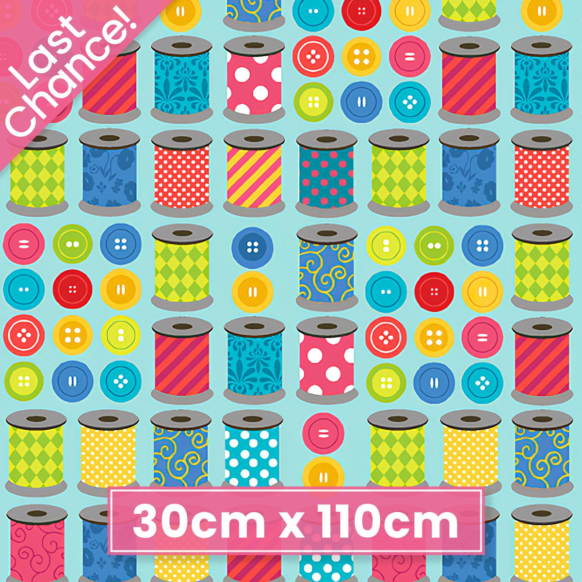 Colourful patterned thread spools bright buttons rows turquoise novelty sewing quilting cotton sewist gifts tote bags pouches