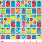 Colourful patterned thread spools bright buttons rows turquoise novelty sewing quilting cotton sewist gifts tote bags pouches