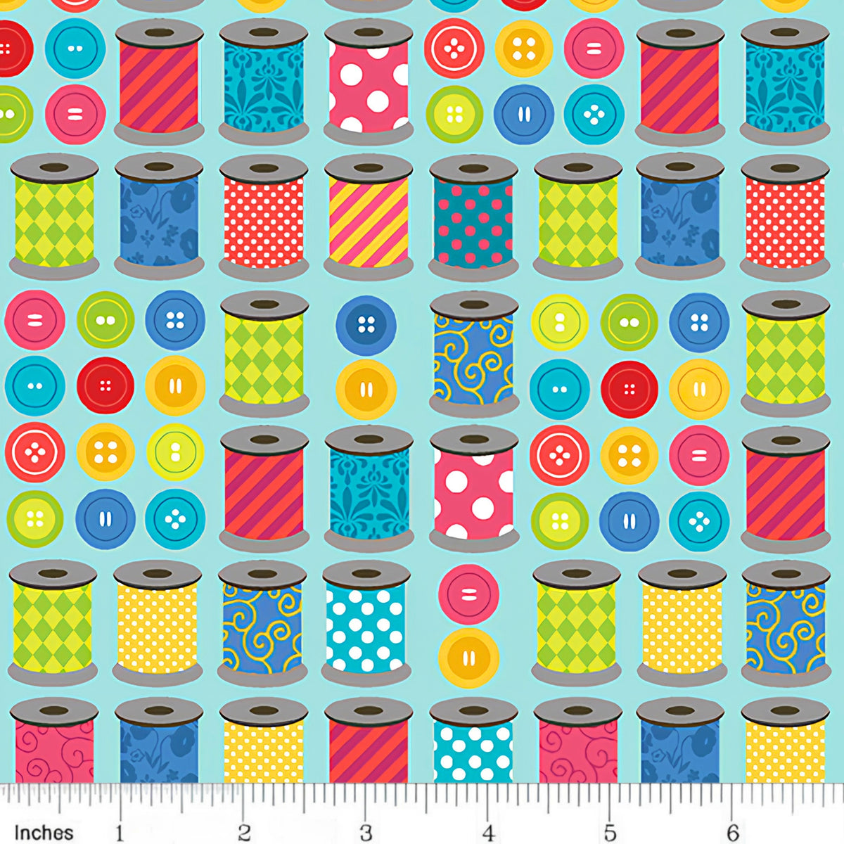 Colourful patterned thread spools bright buttons rows turquoise novelty sewing quilting cotton sewist gifts tote bags pouches
