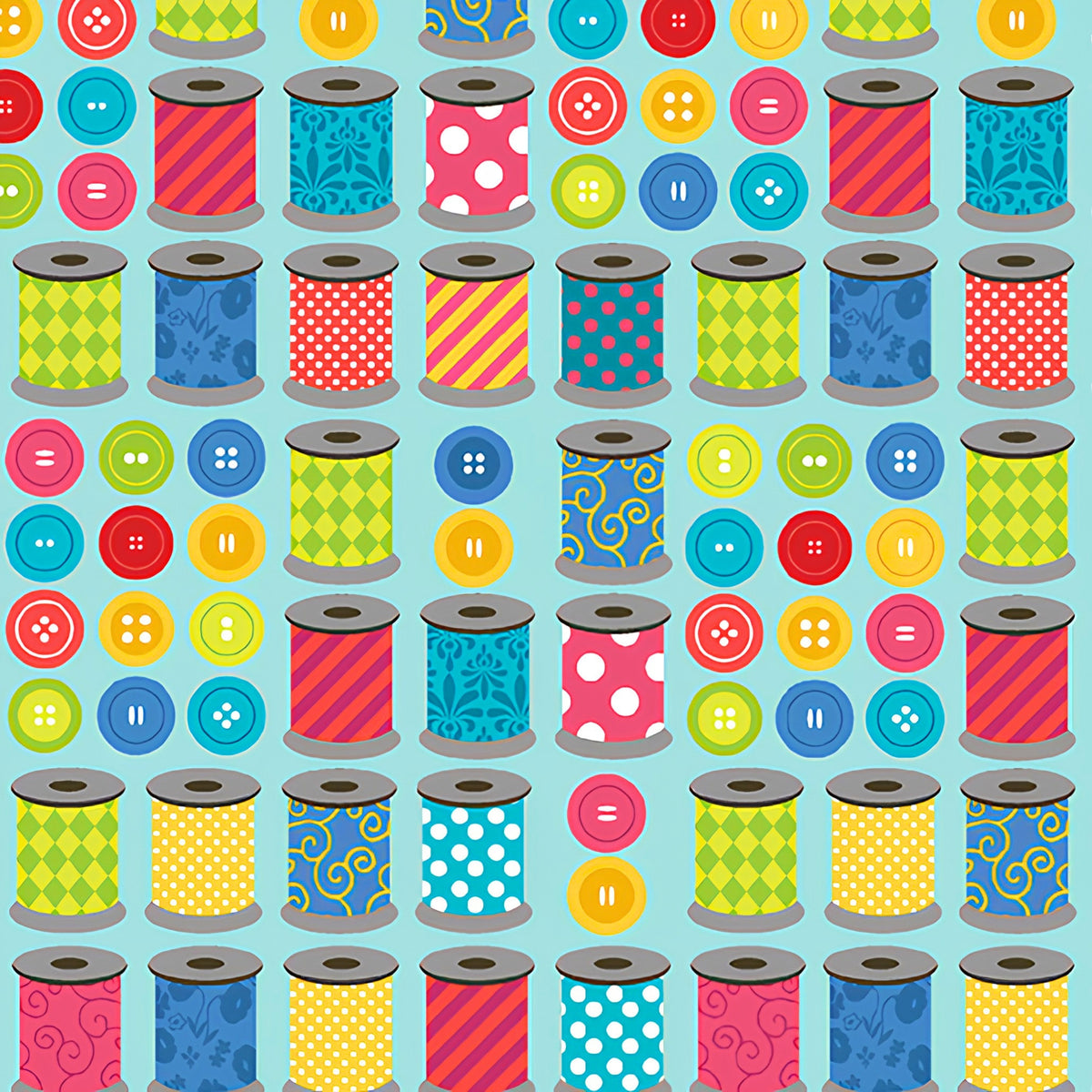 Colourful patterned thread spools bright buttons rows turquoise novelty sewing quilting cotton sewist gifts tote bags pouches