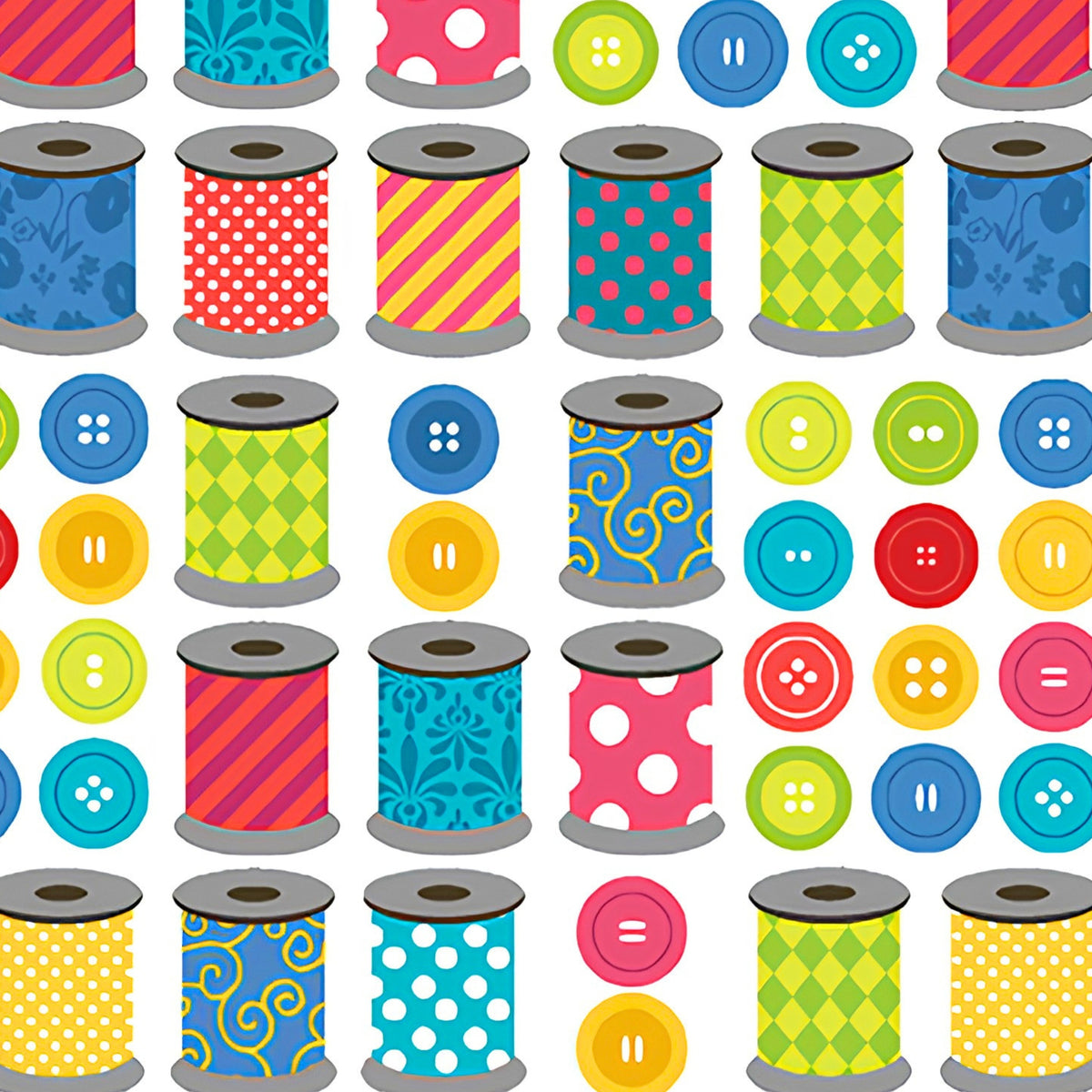 Colourful patterned thread spools bright buttons rows white novelty sewing quilting cotton sewist gifts tote bags pouches