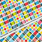 Colourful patterned thread spools bright buttons rows white novelty sewing quilting cotton sewist gifts tote bags pouches
