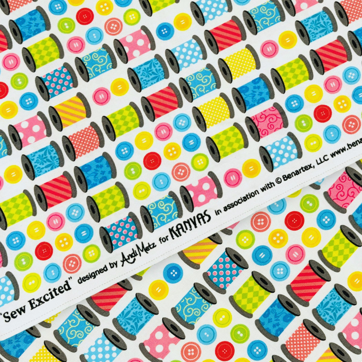 Colourful patterned thread spools bright buttons rows white novelty sewing quilting cotton sewist gifts tote bags pouches