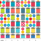 Colourful patterned thread spools bright buttons rows white novelty sewing quilting cotton sewist gifts tote bags pouches