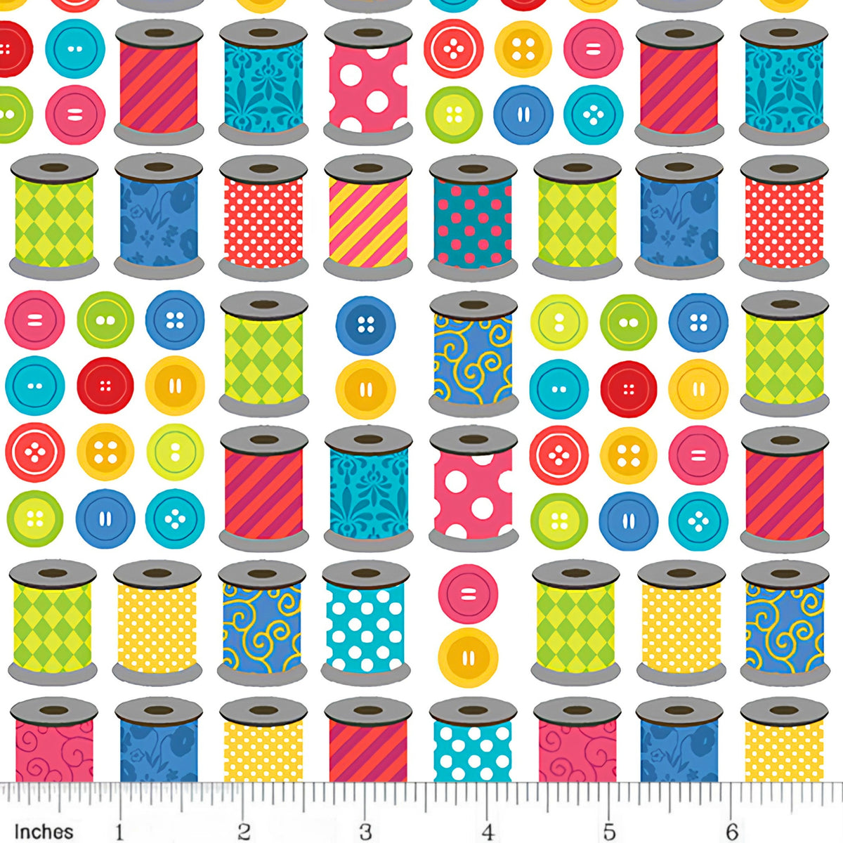 Colourful patterned thread spools bright buttons rows white novelty sewing quilting cotton sewist gifts tote bags pouches