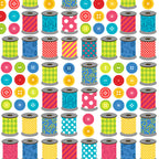 Colourful patterned thread spools bright buttons rows white novelty sewing quilting cotton sewist gifts tote bags pouches