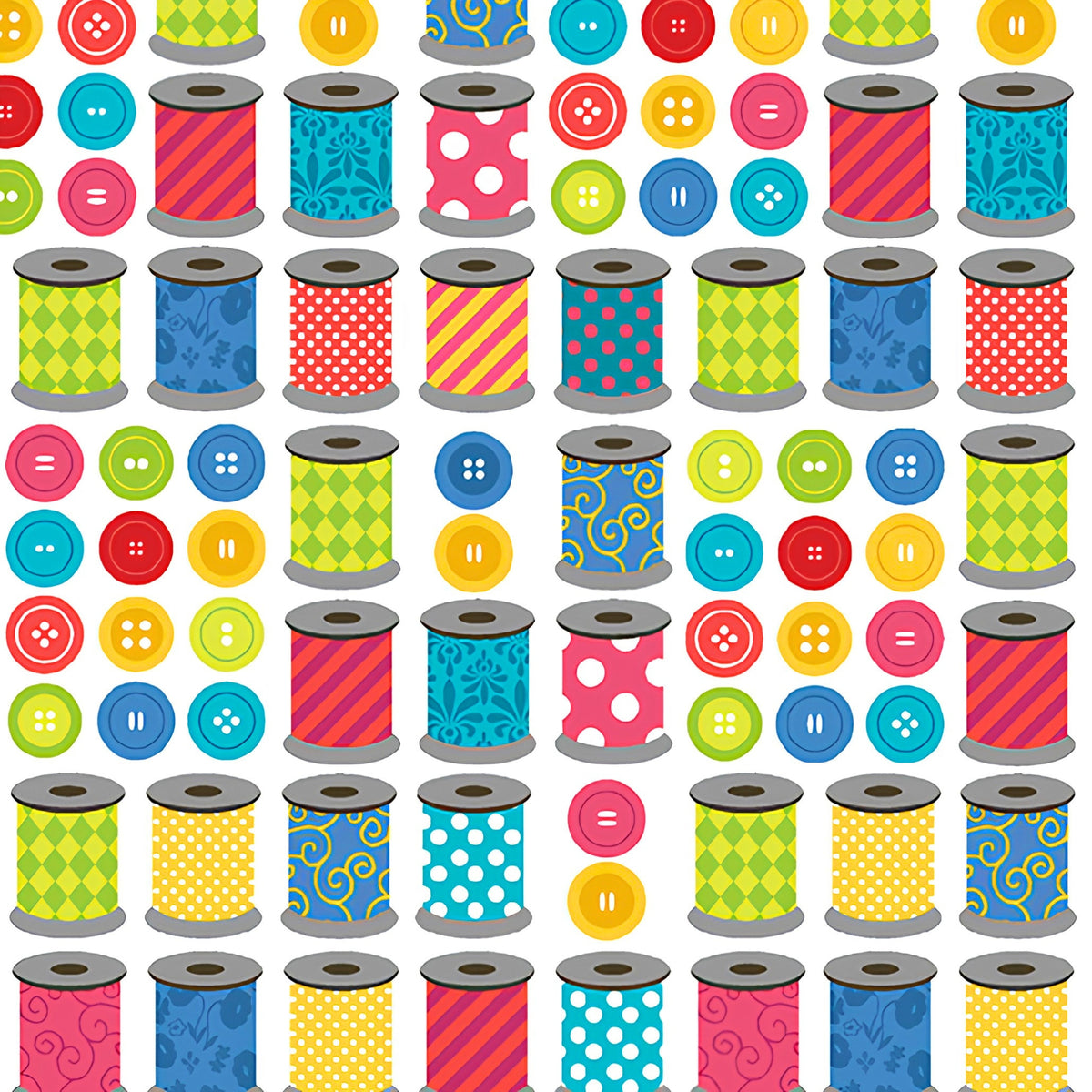 Colourful patterned thread spools bright buttons rows white novelty sewing quilting cotton sewist gifts tote bags pouches