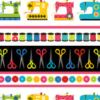 Sewing machines thread spools scissors buttons horizontal stripe novelty border quilting cotton pink bands sewist gifts quilts tote bags