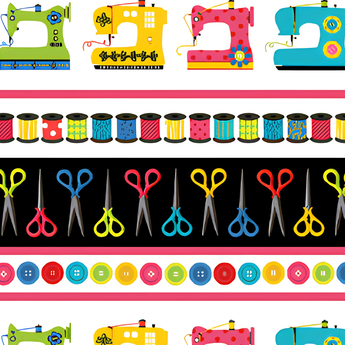 Sewing machines thread spools scissors buttons horizontal stripe novelty border quilting cotton pink bands sewist gifts quilts tote bags