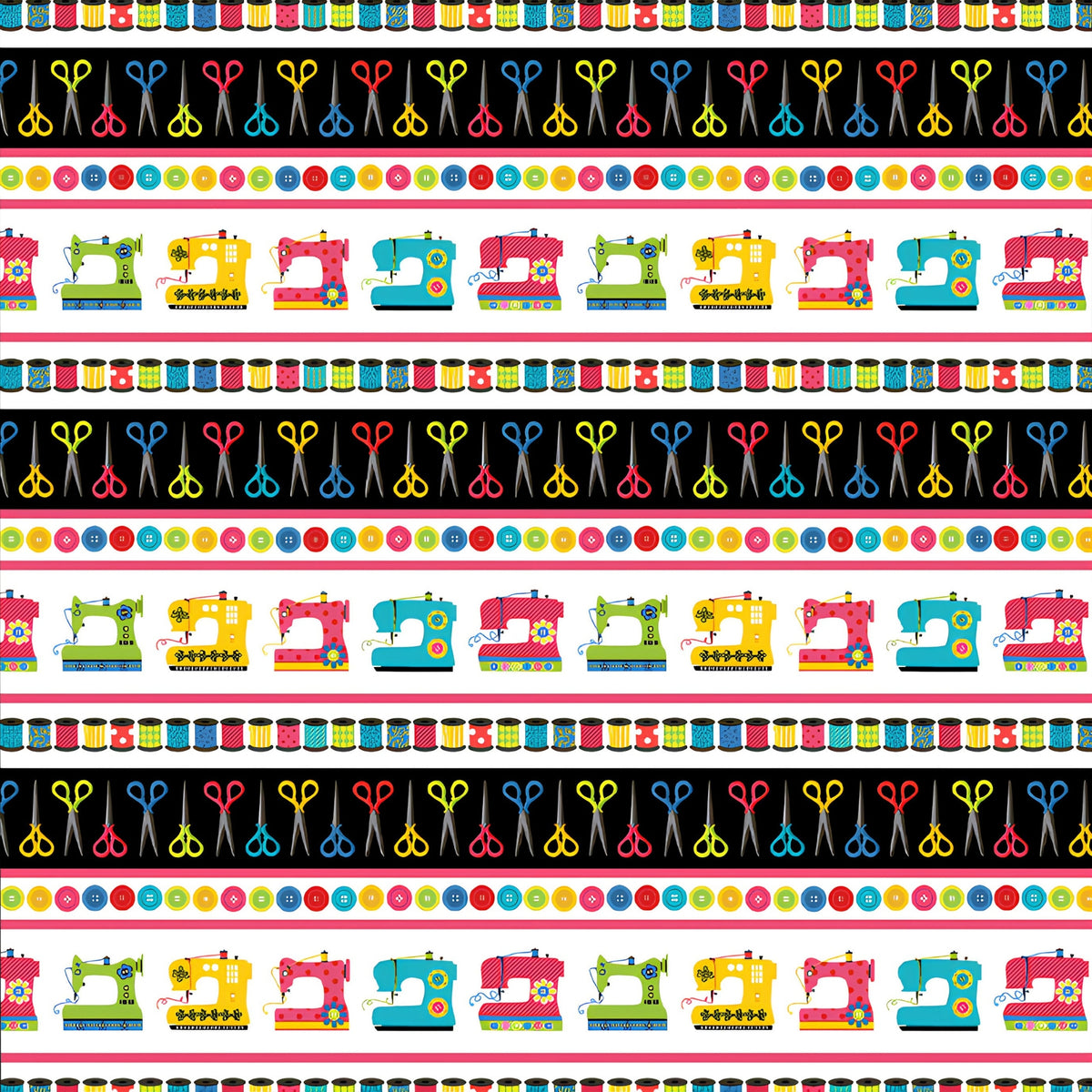 Sewing machines thread spools scissors buttons horizontal stripe novelty border quilting cotton pink bands sewist gifts quilts tote bags