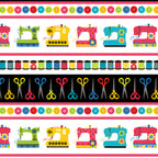 Sewing machines thread spools scissors buttons horizontal stripe novelty border quilting cotton pink bands sewist gifts quilts tote bags