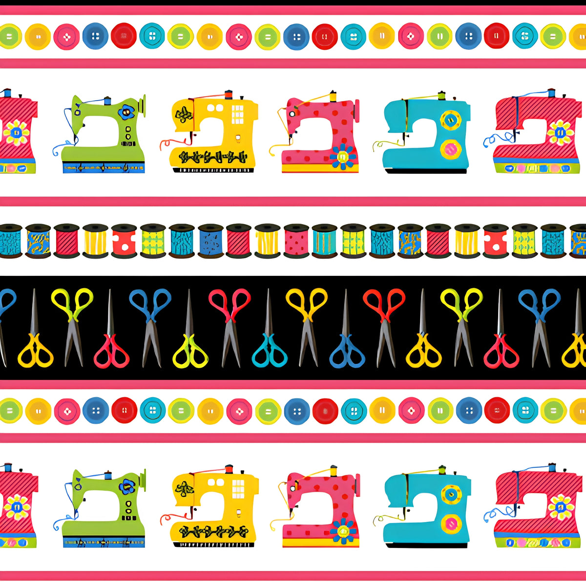 Sewing machines thread spools scissors buttons horizontal stripe novelty border quilting cotton pink bands sewist gifts quilts tote bags