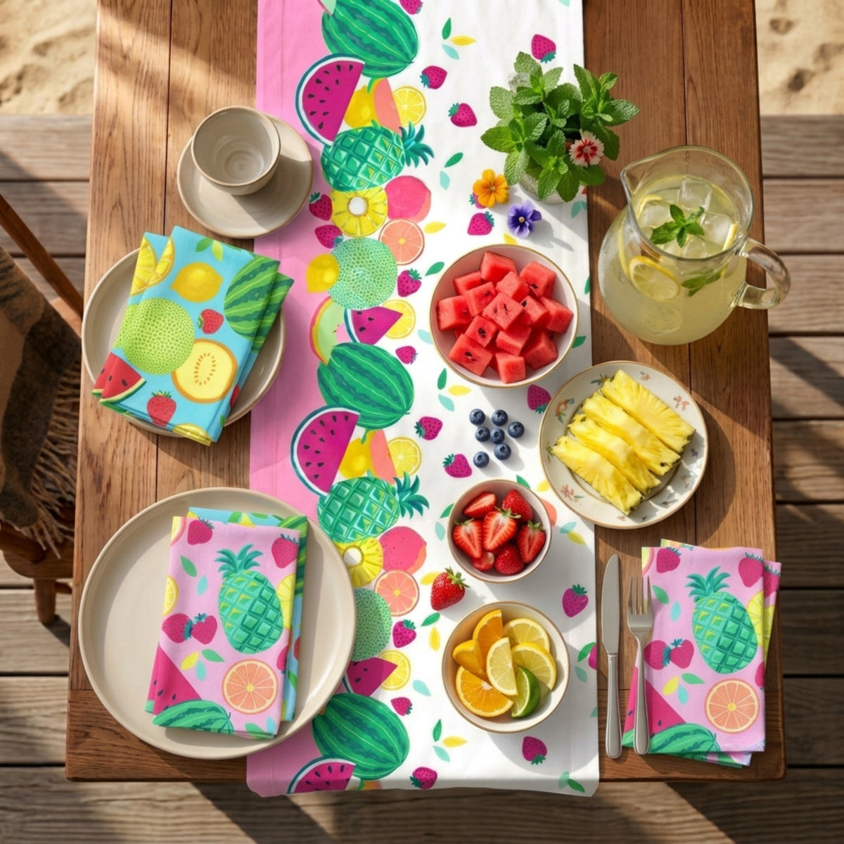 Sew Fruity double border table runner pink white tropical fruit outdoor beach table setting watermelon pineapple strawberry summer sewing project