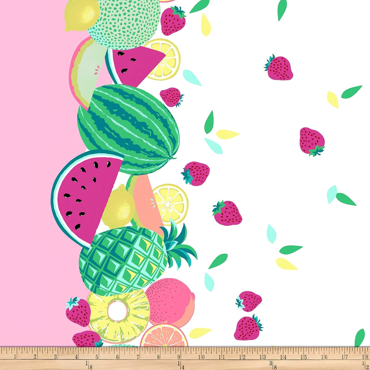 Tropical fruit double border quilting fabric watermelon pineapple strawberry lemon white pink girls quilts summer sewing