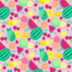 Tropical fruit toss print caribe pink watermelon pineapple strawberry lemon quilting fabric girls quilts kids summer sewing